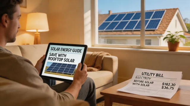 Homeowner reading solar energy article