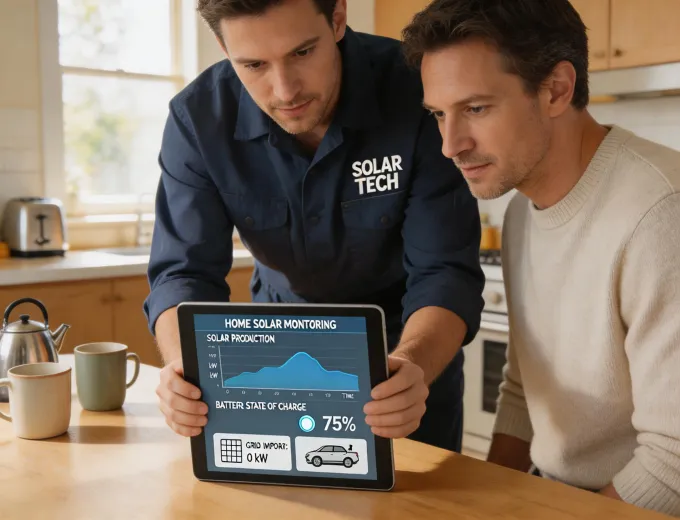 Installer reviewing home solar monitoring dashboard