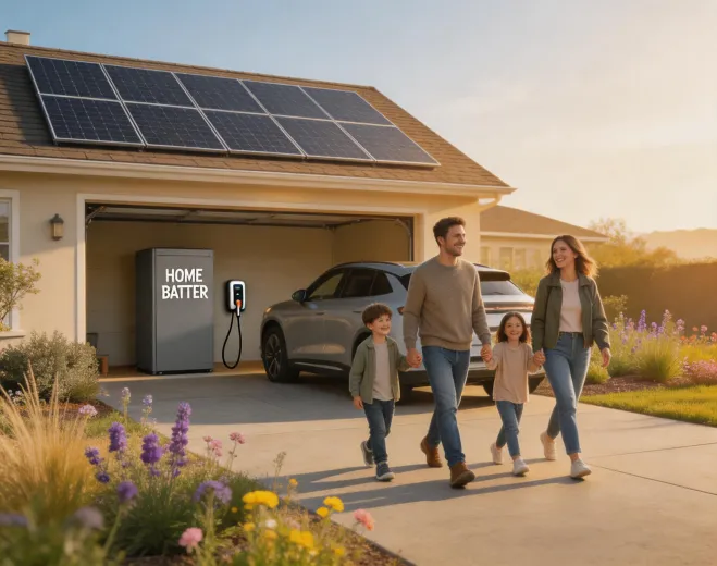 Family walking beside solar powered home